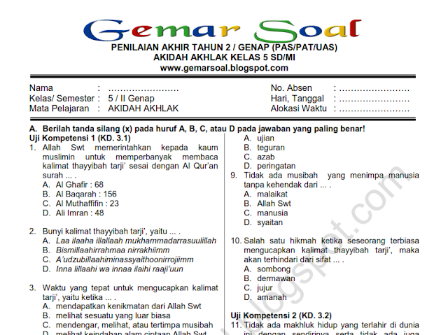 Download Soal PAT / UAS Akidah Akhlak Kelas 5 Semester 2