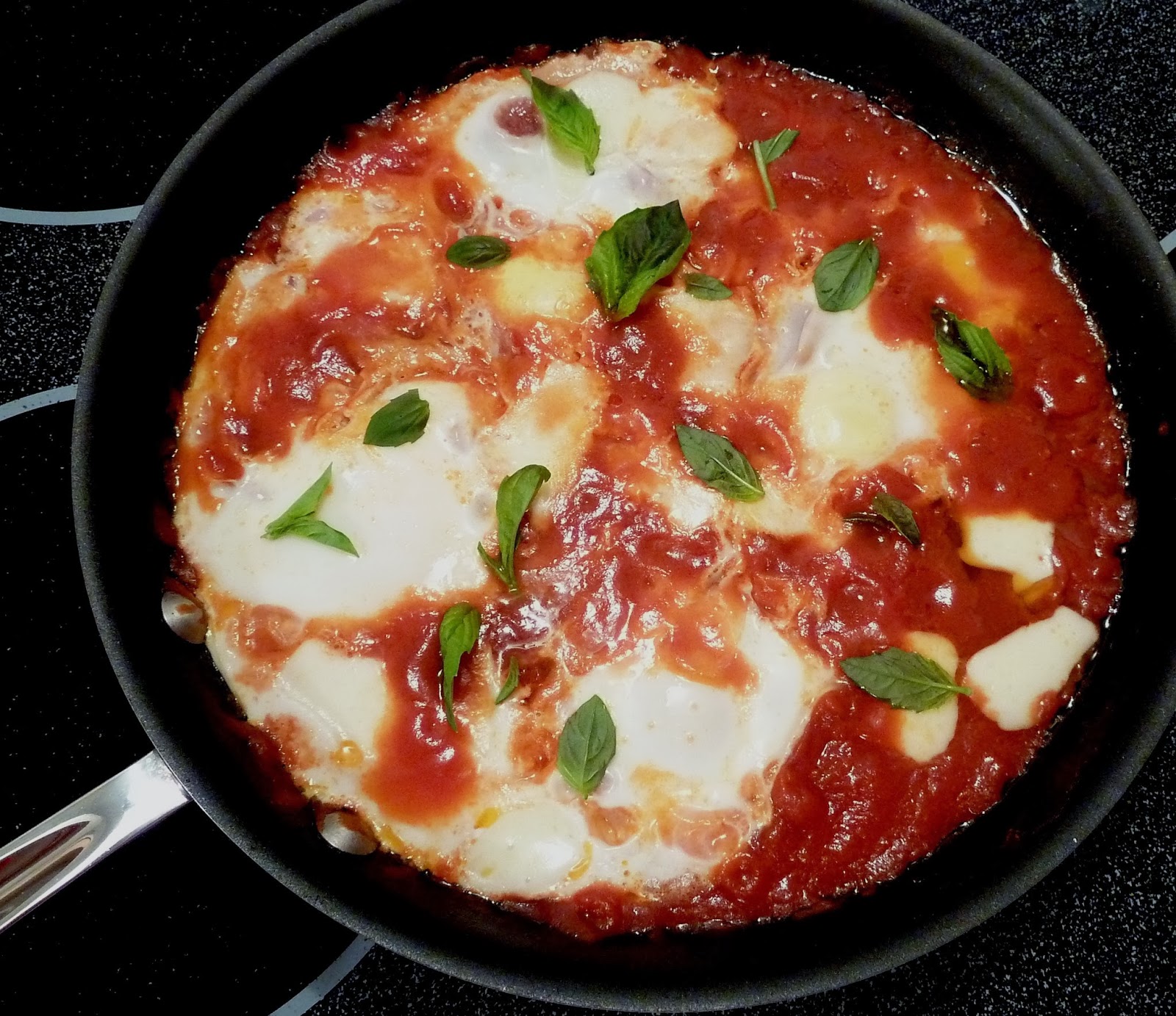 Cracked Pepper Eggs in Tomato Sauce with Smoked Mozzarella