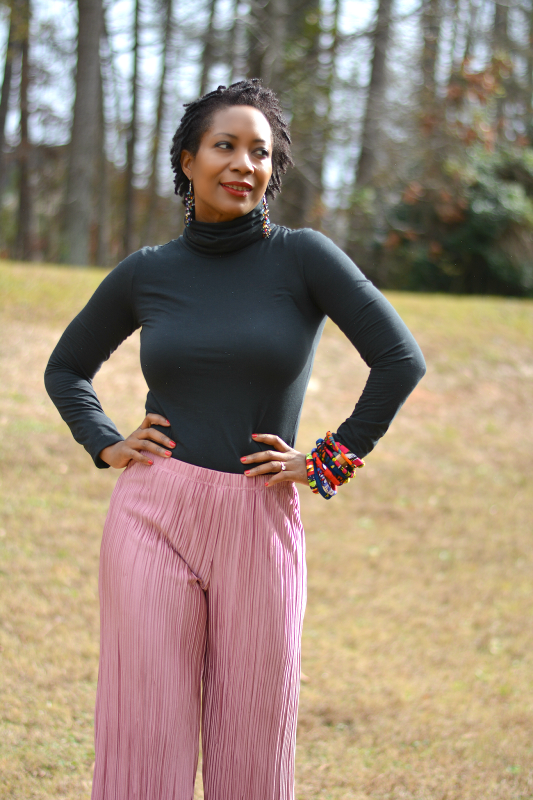 pink culottes in winter