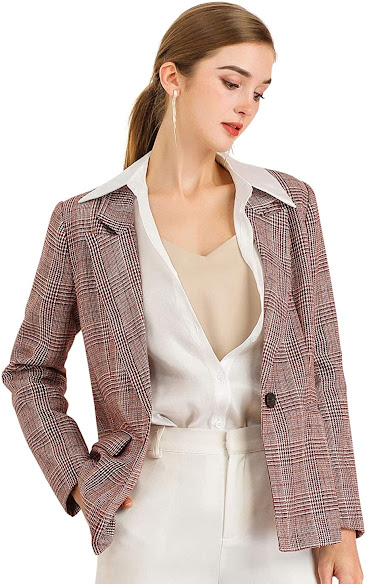Women's Burgundy Plaid Notched Lapel One Button Houndstooth Pattern Blazer Jacket Trendy Blazers for Women