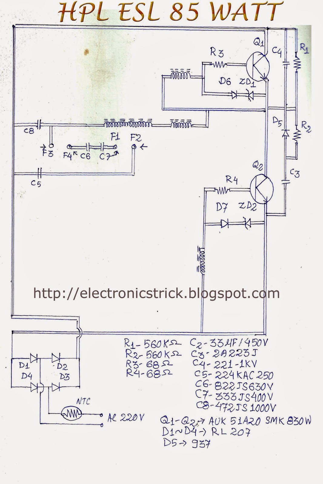 ELECTRONICS TRICKS AND TIPS: HCL ESL 85 WATT CFL BULB CKT DIAGRAM