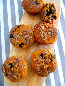 Blueberry Pumpkin Muffins with an Almond Oat Streusel:  Tender savory pumpkin flavored muffins bursting with bright blueberries and topped with the most decadent almond oat streusel! - Slice of Southern