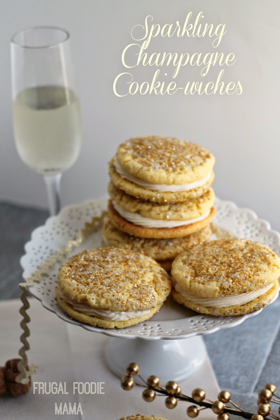 A rich champagne buttercream is sandwiched between two thick & soft sparkling sugared cookies in these Sparkling Champagne Cookie-wiches