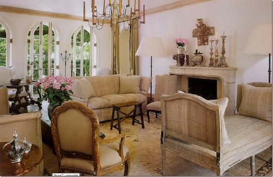 Pamela Pierce designed living room in her own European country home filled with antiques and white. #frenchcountry #livingroom #pamelapierce #interiordesign