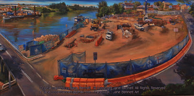 Plein air oil painting of the construction of the new Windsor Bridge painted by heritage artist Jane Bennett