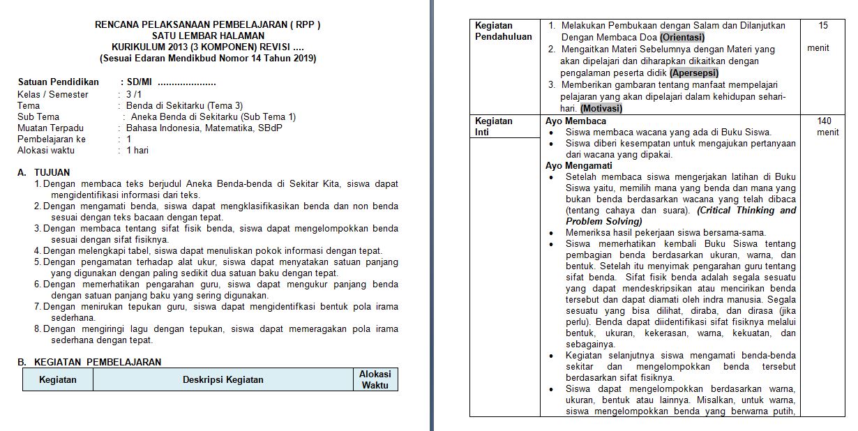 RPP 1 Lembar Kelas 3 Tema 3 Kurikulum 2013 Revisi 2020 Informasi
