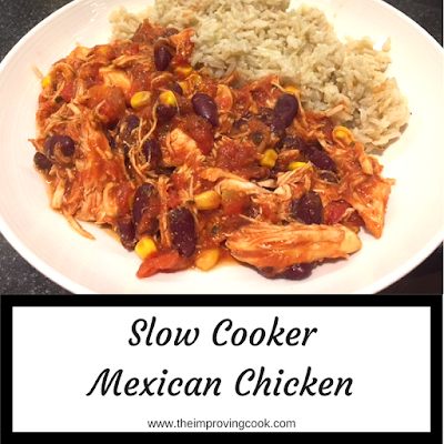 Slow Cooker Mexican Chicken in a white bowl pinnable image with text