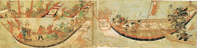 Трое братьев Ояно, взявшие вместе с Такэдзаки Суэнага вражеский корабль на абордаж, вступают в поединок с монгольскими воинами. Фрагмент «Свитка о монгольском вторжении», 1293 год