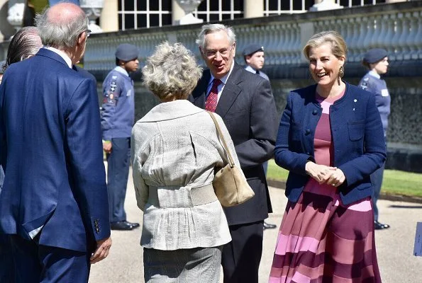 The Countess of Wessex wore Roksanda stripe dress and Joseph Nessie basket weave jacket in blue