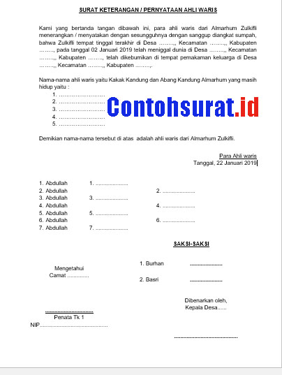 Contoh Surat Keterangan Pernyataan Ahli Waris Contohsurat Id