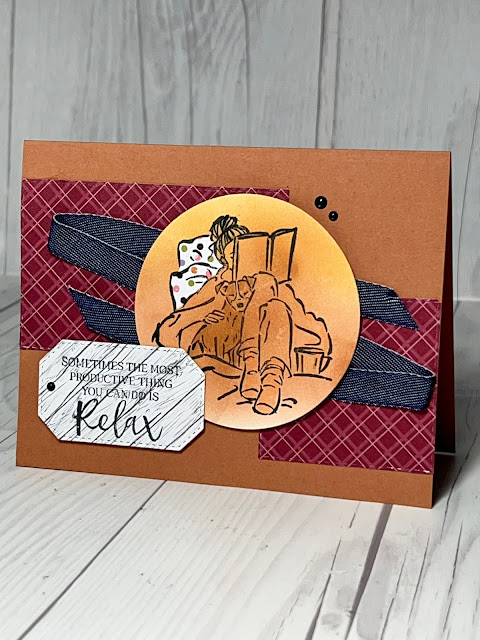 Handmade greeting card showing girl reading a book popped up on pillows with her puppy curled up next to her legs from the In the Moment Stamp Set from Stampin' Up1