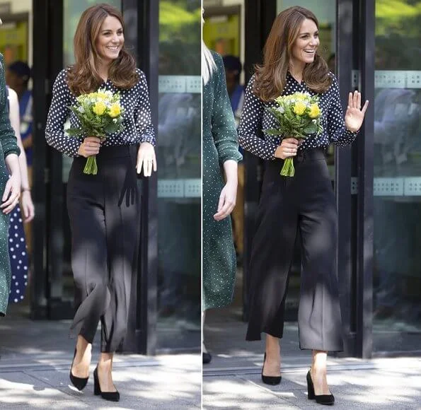 Kate Middleton wore a new polka-dot shirt by Equipment.and she wore a new high-waist wide leg trousers by Zara