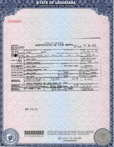 Gov. Bobby Jindal Releases His Birth Certificate: Bobby Jindal Is Not An Natural Born Citizen
