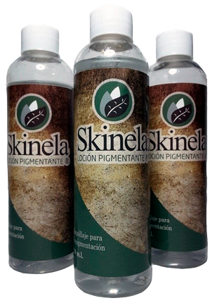 Imagen del frasco de Skinela, una loción pigmentante diseñada para camuflar el vitiligo