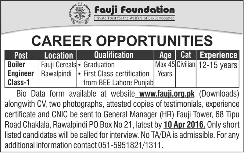 Fauji Foundation Rawalpindi Jobs in Pakistan