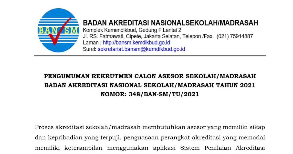 Lowongan Kerja Calon Asesor Sekolah Madrasah Bansm Kemendikbud April 2021 1800 Formasi Rekrutmen Lowongan Kerja Bulan Juni 2021