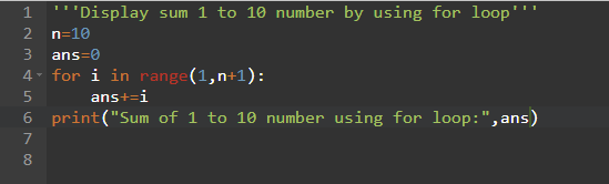 Display sum of 1 to 10 number by using for loop