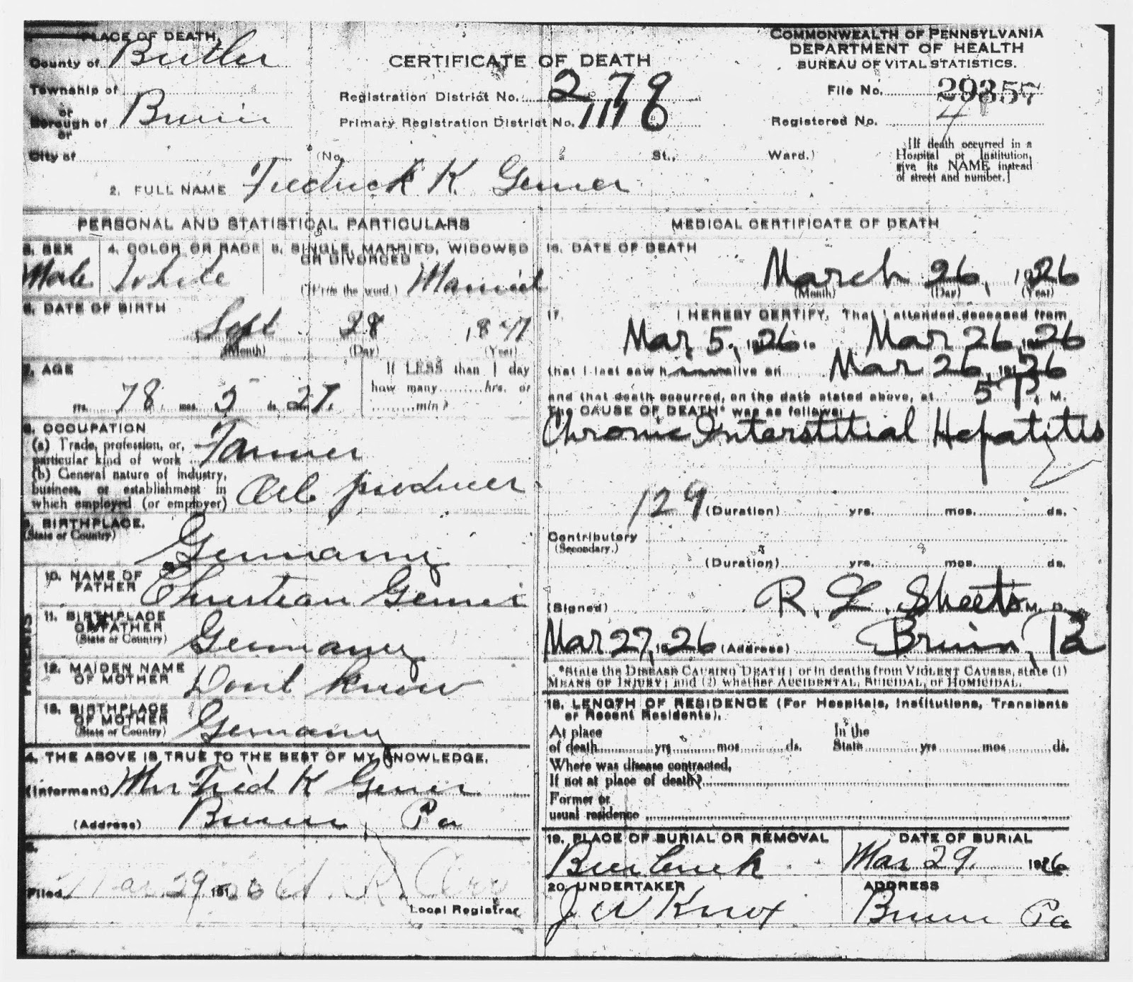 My Ancestors and Me: The Surprise in Fred Gerner's Death Certificate