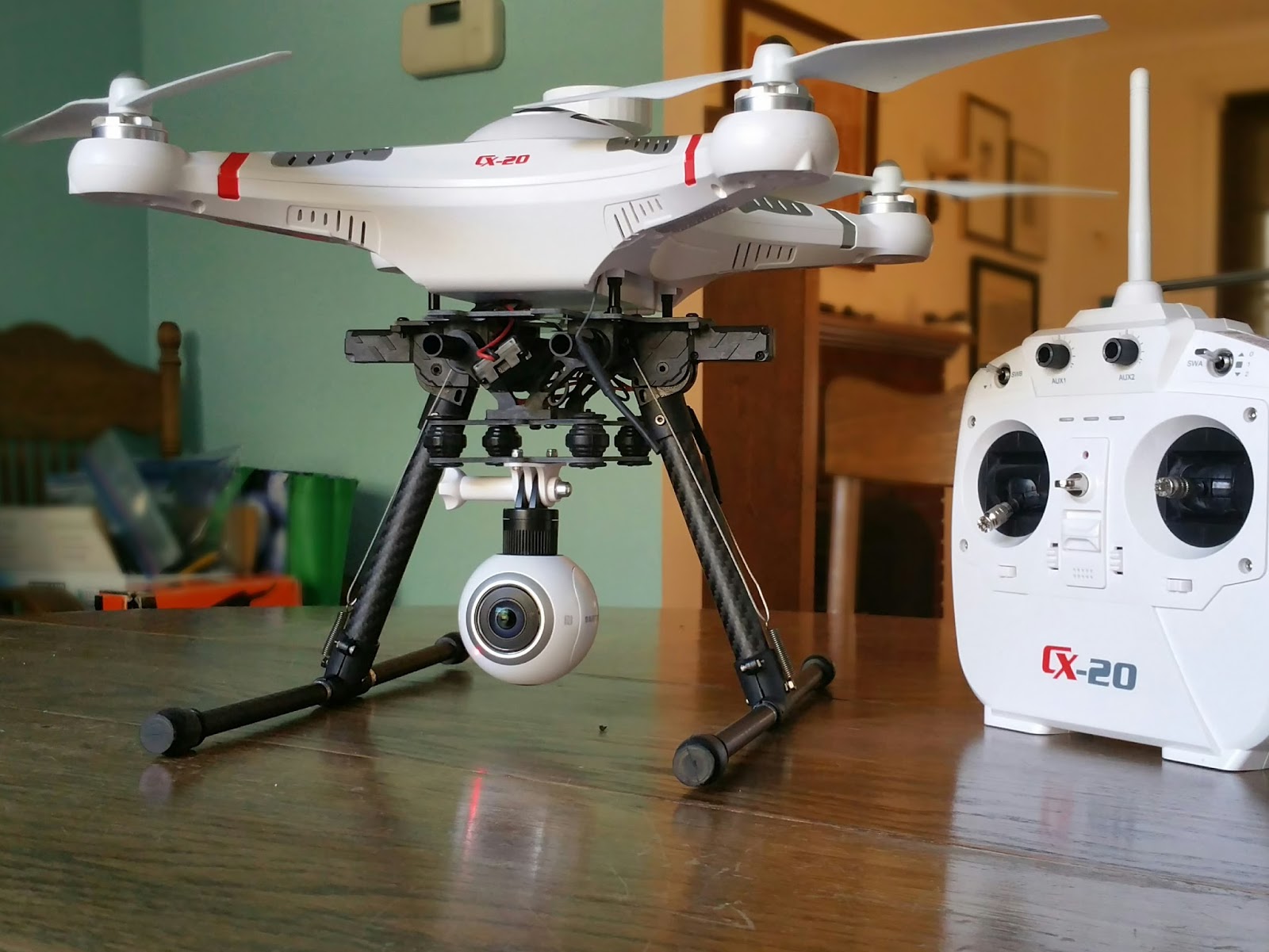 360 aerial video from lowcost drone with autoretracting landing gear