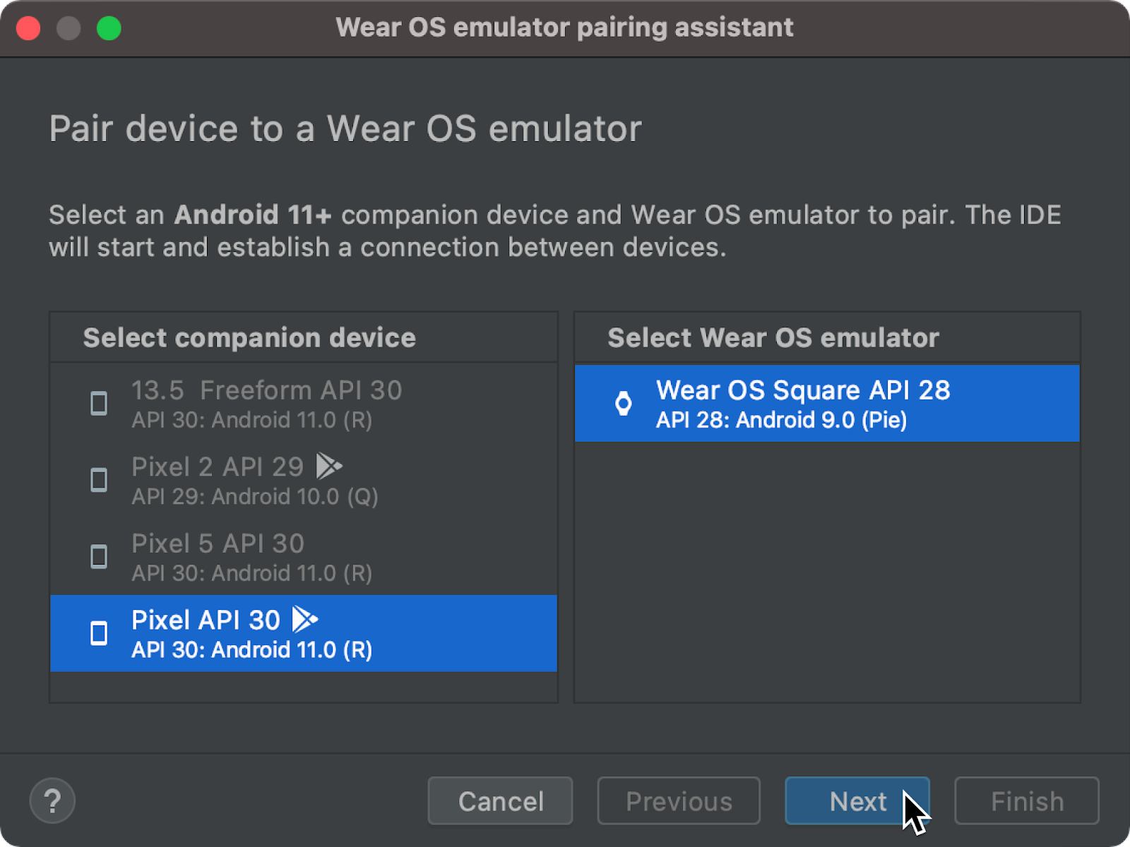         Cuadro de diálogo Asistente de emparejamiento del emulador de Wear OS 