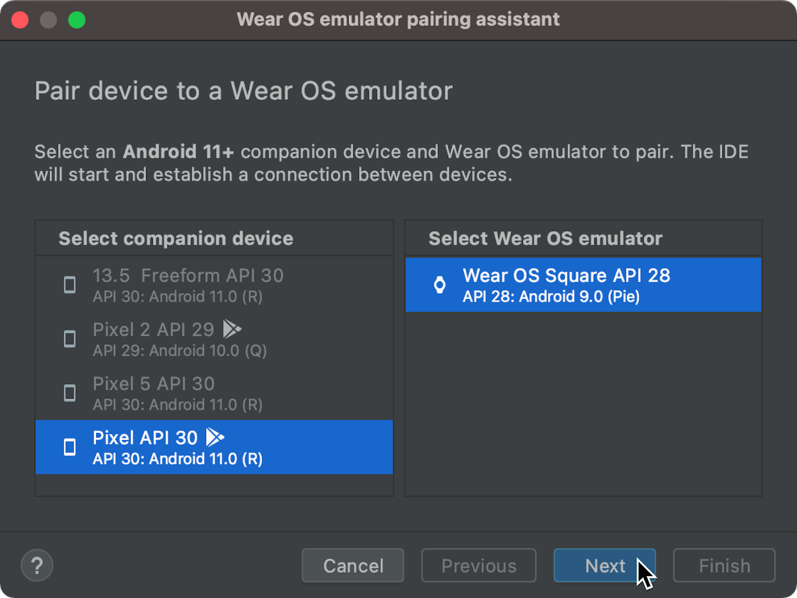   Wear OS emulator pairing assistant dialog 