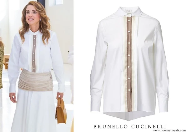 Queen Rania wore Brunello Cucinelli plated placket blouse