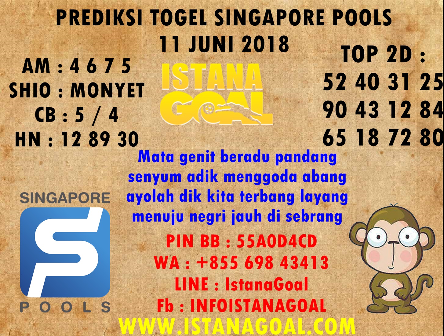 PREDIKSI TOGEL SINGAPORE POOLS 11 JUNI 2018 AGEN RESMI ISTANAGOAL