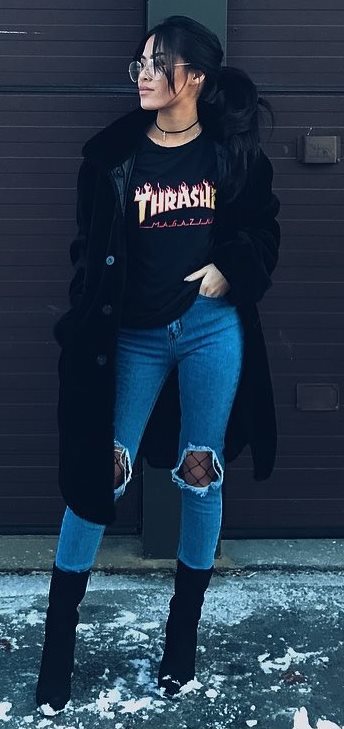 black and denim | coat + top + ripped jeans + boots