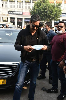 Ajay Devgan snapped during the teaser launch of RRR at PVR plaza in New Delhi
