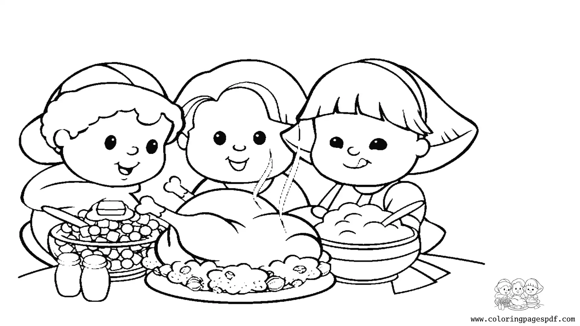 Coloring Page Of Kids Looking At Thanksgiving Food