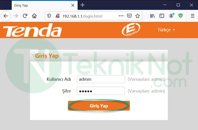 Tenda Modem Arayüz Giriş Ekranı