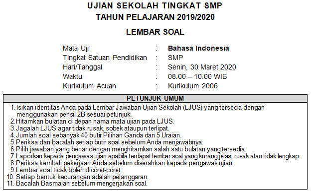 Soal Dan Kunci Jawaban Ujian Sekolah Bahasa Indonesia Smp Kurikulum 2006 Didno76 Com