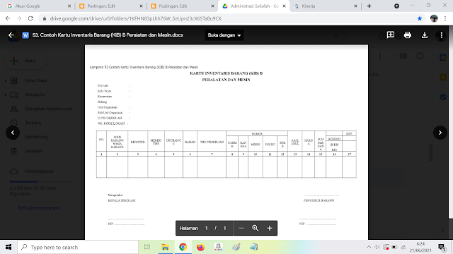 Contoh Kartu Inventaris Barang (KIB) B Peralatan dan Mesin