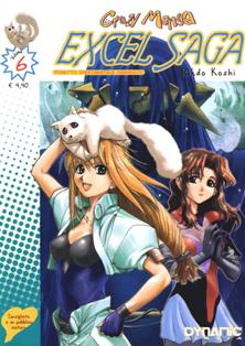 Crazy Manga 6 - Excel Saga 6 - Giugno & Luglio 2003 | ISSN 1593-2001 | CBR 215 dpi | Mensile | Fumetti | Manga | Fumetti | Manga | Seinen | Aniparo | Azione
Collana edita dalla Panini Comics di periodicità e formato variabile che ha ospitato diverse serie, tra cui: Mythos, Cacciatori di Elfi, Dokuro e molte altre.

Excel Saga è un manga seinen giapponese creato da Koshi Rikdo e pubblicato in Giappone dalla Shonen Gahosha.
In Italia la serie è stata pubblicata da Dynit.
Il manga segue da vicino la ACROSS, Organizzazione Segreta per la Promozione dell'Ideale, società che mira alla conquista del mondo. La campagna di conquista parte dalla Città F (Fukuoka), della Prefettura F (prefettura di Fukuoka), in cui si trova la sede in cui opera Sua Eccellenza Il Palazzo, suo Comandante Supremo.
L'ACROSS inizialmente è composta soltanto da Sua Eccellenza Il Palazzo e Excel, una ragazza iperattiva e molto determinata innamorata perdutamente di lui. Successivamente si unirà a loro Hyatt, una ragazza più lucida della sua compagna, ma con la caratteristica sovrannaturale di morire e resuscitare ciclicamente. Nel manga l'origine di Hyatt è ancora sconosciuta, ma presumibilmente non naturale; nell'anime viene illustrato come Hyatt abbia origini extra-terrestri.
In ogni episodio a Excel e Hyatt viene assegnata una particolare missione per mettere in ginocchio la città, missioni che generalmente non riescono a portare a termine, compromettendo il piano di conquista. Accompagnate solitamente da Frattaglia, il loro cane, che serve anche come cibo di emergenza, al di fuori delle missioni le due ragazze devono condurre una vita normale e cambiano spesso lavoro (solitamente non hanno mai abbastanza soldi da permettersi una cena dignitosa). Nel manga, invece, con l'arrivo di Elgarla, il Palazzo assegna loro un cospicuo capitale per le loro spese, permettendo così di limitare «l'approvvigionamento sul campo». Il loro tenore di vita conoscerà alti e bassi a causa dell'imprevedibile stile di vita.