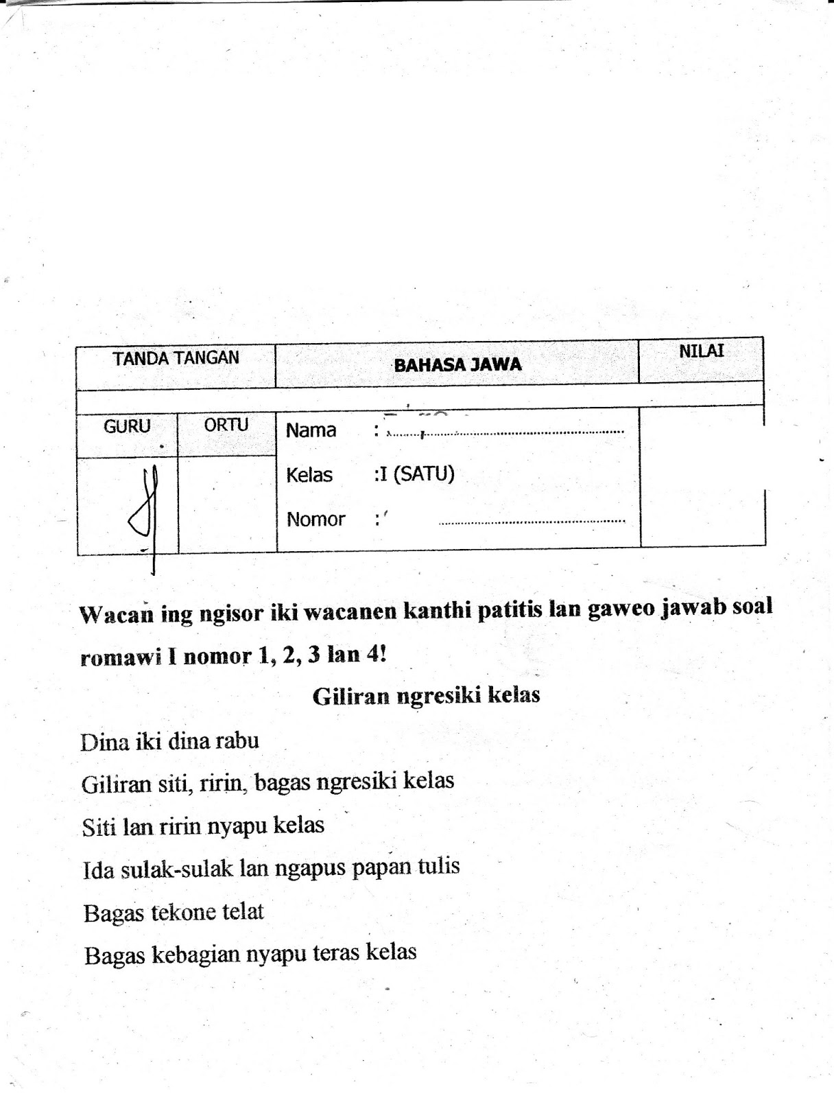 UAS Matapelajaran Bahasa Jawa SD Kelas 1 Semester Ganjil TA 2015 2016 Kurikulum 2013