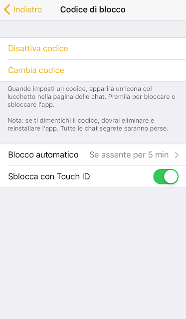 Blocco automatico attivo Se assente per 5 min e Sblocca con Touch ID attivo su Telegram Messenger per iOS