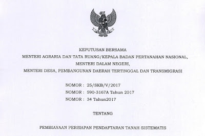 Surat Keputusan Bersama (SKB) Menteri Agraria dan Tata Ruang/Kepala Badan Pertanahan Nasional, Menteri Dalam Negeri, Menteri Desa, Pembangunan Daerah Tertinggal dan Transmigrasi tentang Pembiayaan Persiapan Pendaftaran Tanah Sistematis