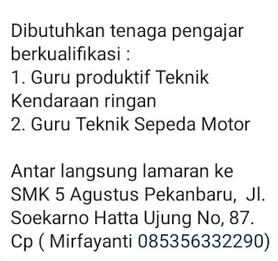 Lowongan Kerja Guru SMK 5 Agustus Pekanbaru 2020 - Karir Riau