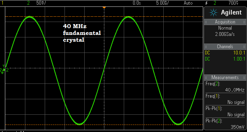 The 40 MHz crystal shown in the earlier Cm, Lm, ESR, and Qul calculations vibrating in my crystal test oscillator.