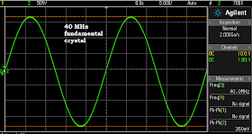 The 40 MHz crystal shown in the earlier Cm, Lm, ESR, and Qul calculations vibrating in my crystal test oscillator.
