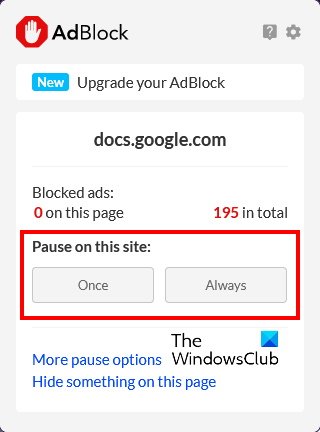 nonaktifkan Adblock di Google Documents