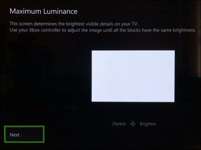 قسم "الحد الأقصى للإضاءة" من معايرة HDR للألعاب على Xbox Series X و S.