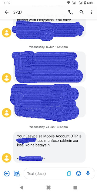 fraud message is displayed which is sent by the EasyPaisa scammer