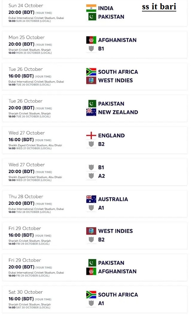 টি ২০ বিশ্বকাপের ২০২১ সময়সূচি|T20 world cup 2021 match list
