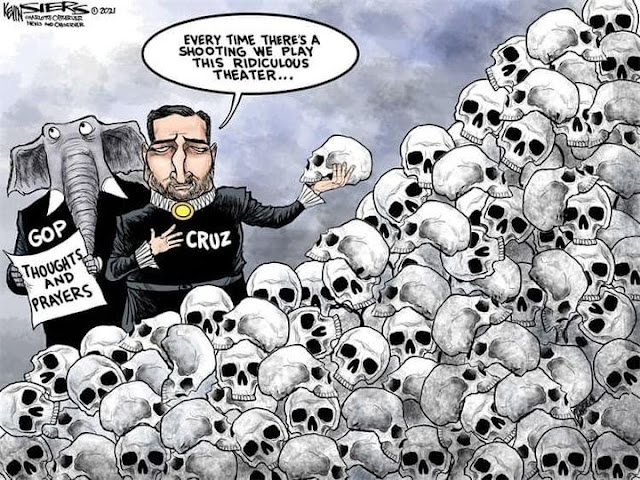 Republican Elephant and Ted Cruz, who is dressed as Hamlet and holding a skull, standing next to a pile of skulls.  Republican Elephant is holding a paper labeled 