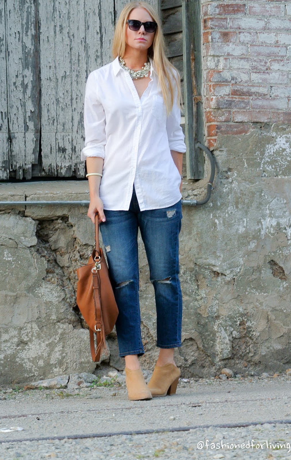 Fashioned For Living: cropped jeans outfit with white button up and mules