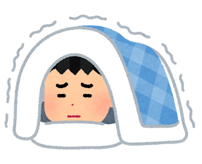 寒くて布団が出られない人のイラスト(男性)
