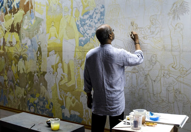 Kochi-Muziris Biennale: PK Sadanandan in the early stages of his mural painting Kochi-Muziris Biennale: PK Sadanandan in the early stages of his mural painting