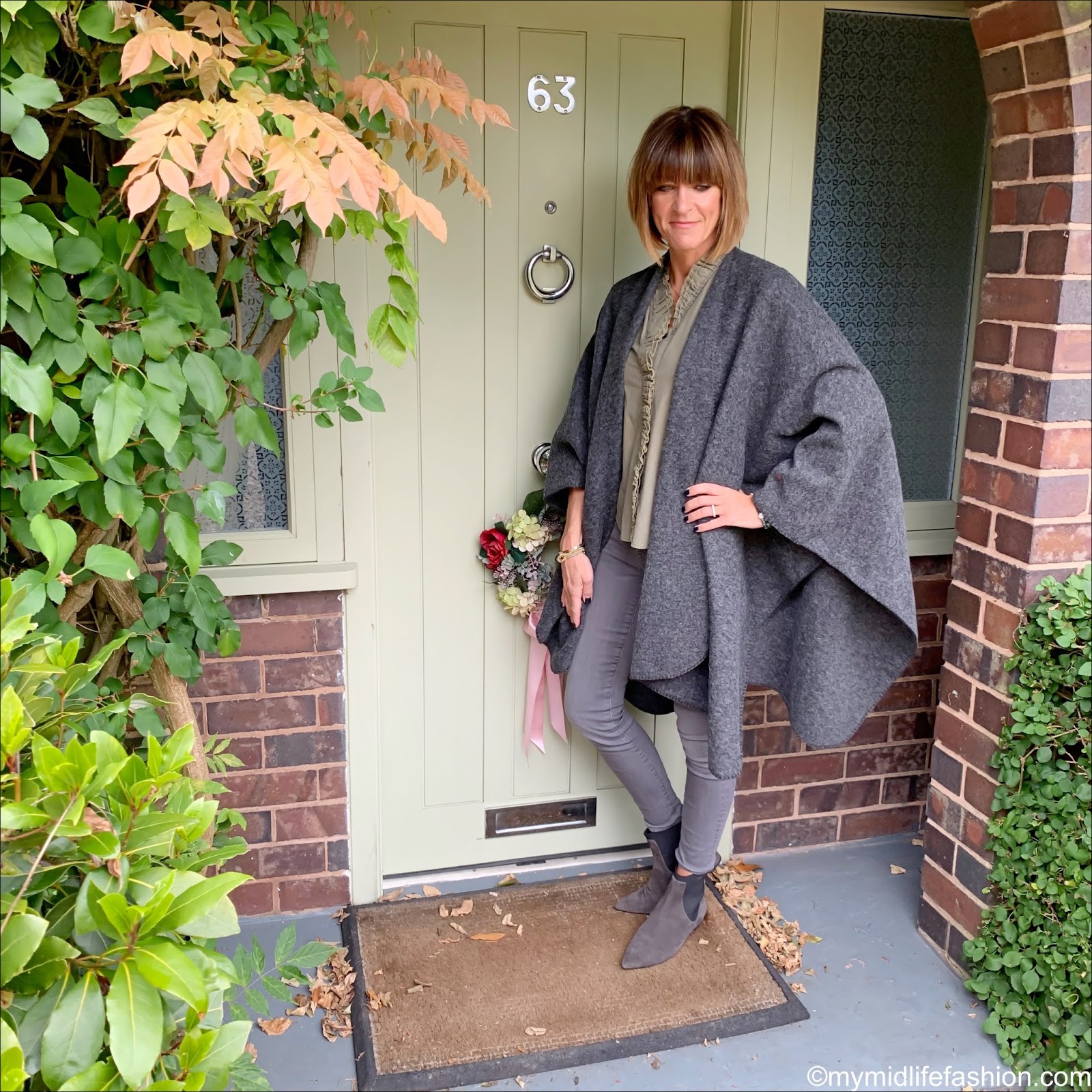 My midlife fashion, the sea tree company mindful stacking bracelets, hope fashion the boiled wool blanket poncho, Isabel Marant Etoile ruffle denim blouse, j crew 8 inch toothpick jeans, Madeleine fashion suede ankle boots