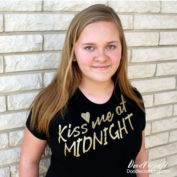 Make the perfect Kiss Me at Midnight Glitter Shirt DIY with gold iron-on glitter vinyl and the Cricut
